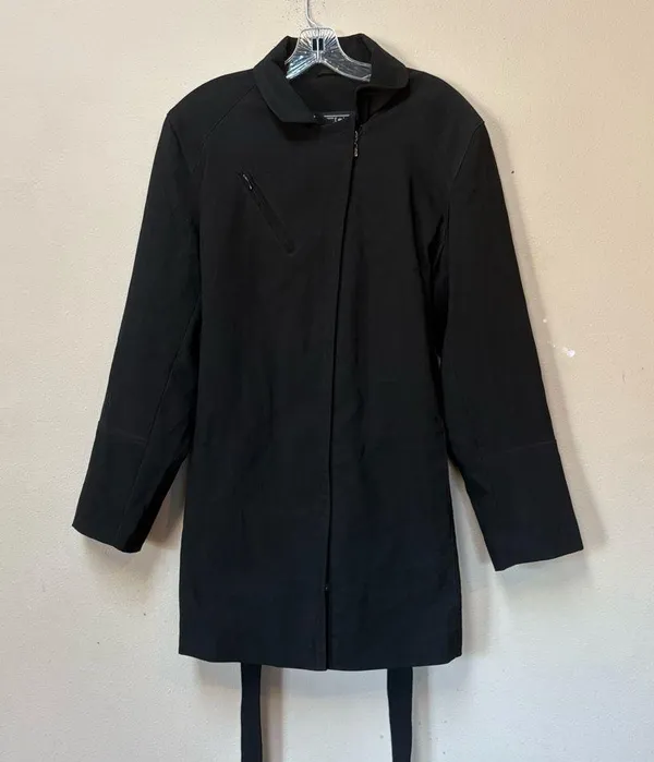 FS Limited Black Belted Jacket Asymmetrical Zip Trench Coat L - Image 6