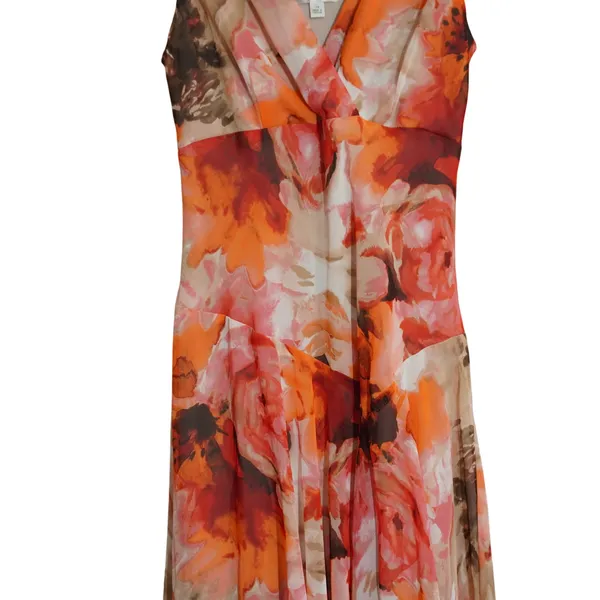 Y2K Floral Chiffon Maxi Dress Size 14 Orange Pink Watercolor Asymmetric Flowy - Image 3