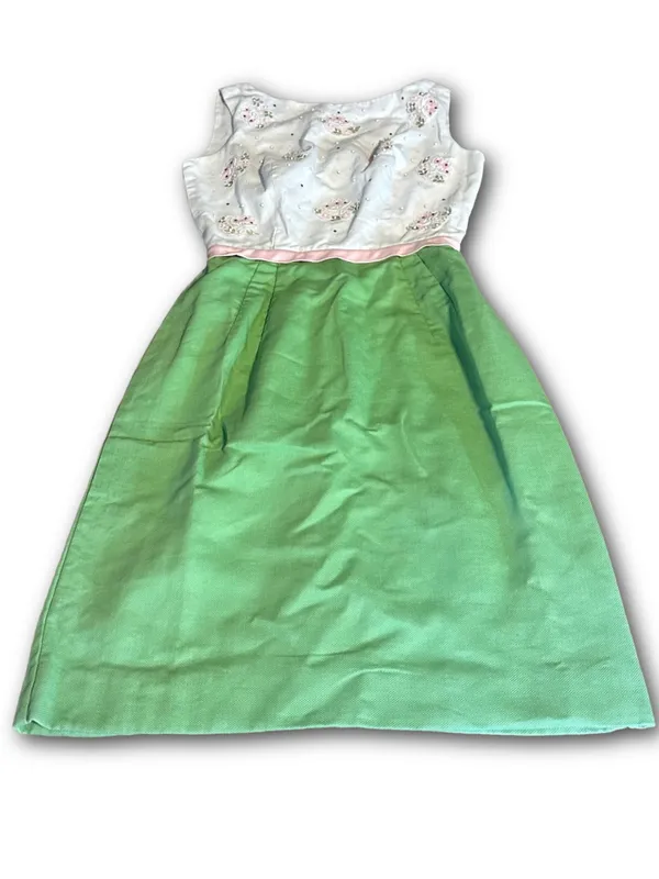 Vintage 1960'S Green, White & Pink Floral Print Sheath/Wiggle Dress (Xs) - Image 12