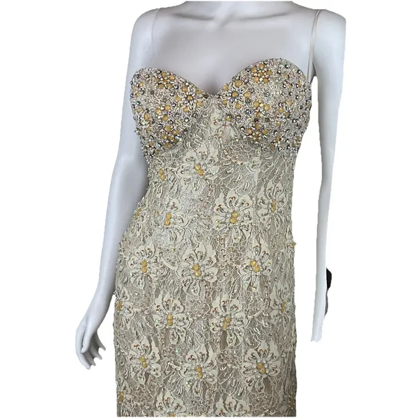 Mac Duggal Couture‎ Beaded Strapless Gown Womens 4 Champagne Lace Mermaid Formal - Image 12