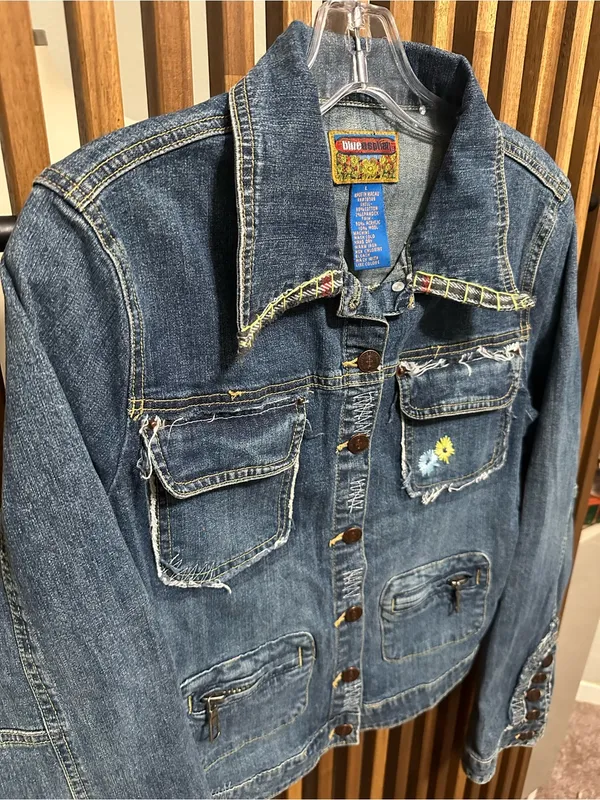 Blue Asphalt Vintage Denim Jacket Large Embroidered Flower Plaid Trim Y2K Cut - Image 2