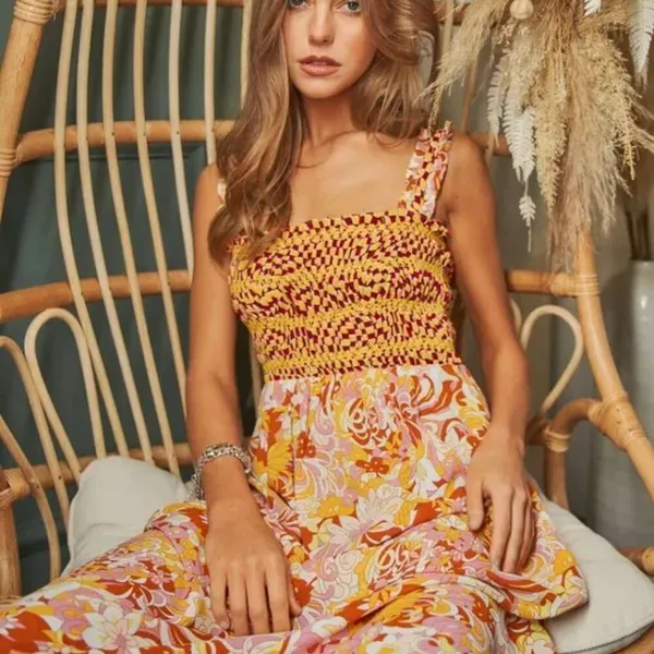 Davi & Dani Multi Smocked Bodice Geo‎ Ruffle Strappy Midi Dress - Image 2