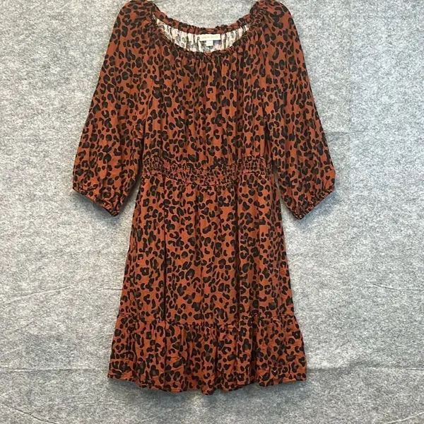 KNOX‎ ROSE Dress Size Large Smocked Elastic Waist Animal Print Rust Large Fall - Image 2