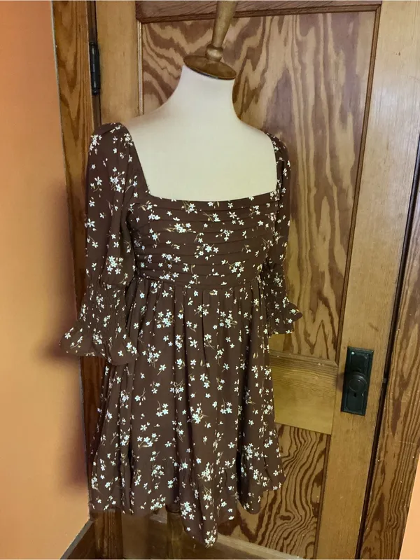 Blue Rain Floral Babydoll Mini Dress Medium Cottagecore Brown Sheer Sleeve - Image 10