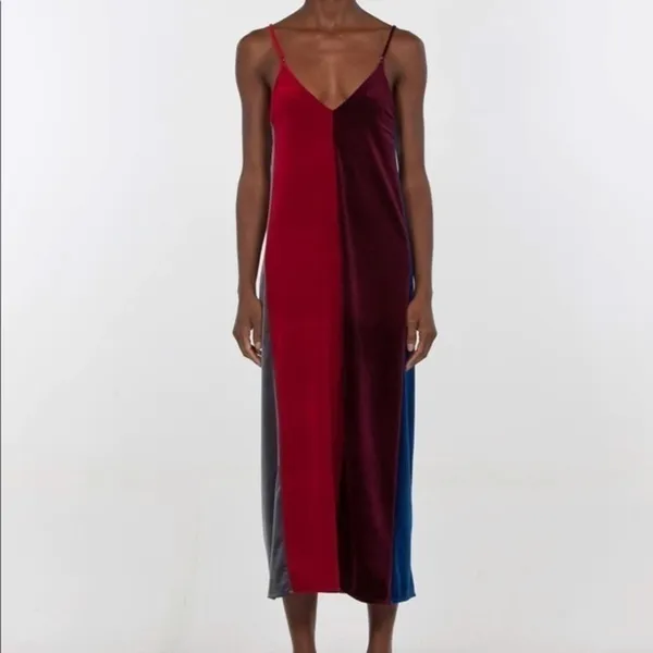Drifter Dress Velarium Velvet Slip Color Block Strappy maxi Red Maroon Blue - Image 3