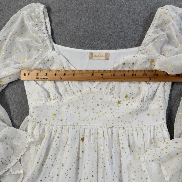 Altard State White Gold Star Tiered Ruffle Mini Dress Size Medium Puff Sleeve - Image 9