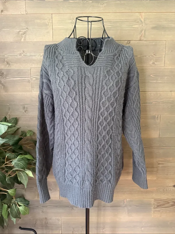 Cable Knit V-Slit Turtleneck Sweater in Gray - Image 2