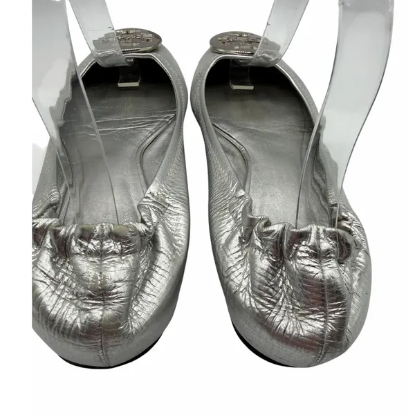 Tory Burch Reva Flats Silver Metallic‎ Leather Logo Medallion Shoes Size 10 Y2K - Image 9