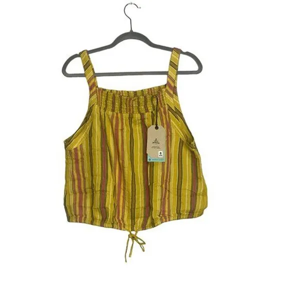 NWT prAna Smocked Sleeveless Tie Little Palm Stripe Cami Crop Top Medium Yellow - Image 11