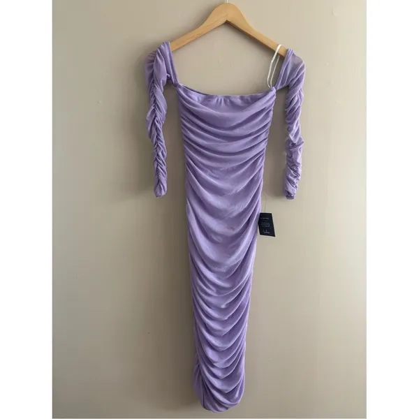 Lulus Desirable Date Lavender Mesh Ruched Off-the-Shoulder Midi Dress Size XS - Image 3