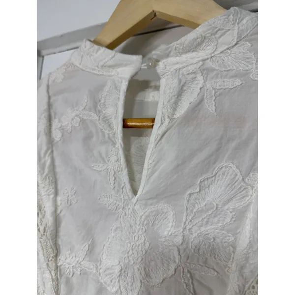Ultra Pink White Embroidered Lace Victorian Mock Neck Cotton Blouse Top Medium - Image 5
