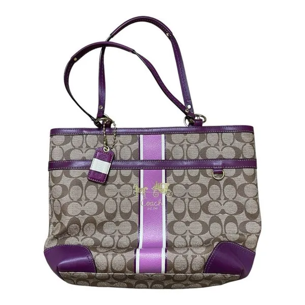 Vintage Brown Coach Signature Plum Berry Heritage Stripe Tote Shoulder-Bag Purse - Image 5