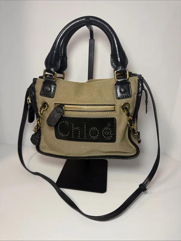 Chloé Canvas & Black Leather Satchel Crossbody Bag Gold Hardware - Image 3