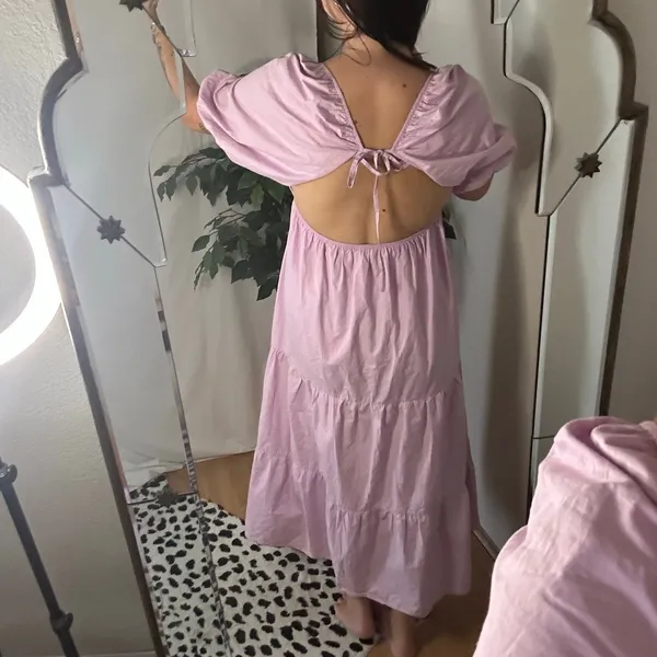 Bershka Puff Sleeve Tiered Poplin Maxi Dress Shirt Purple Size Medium - Image 6