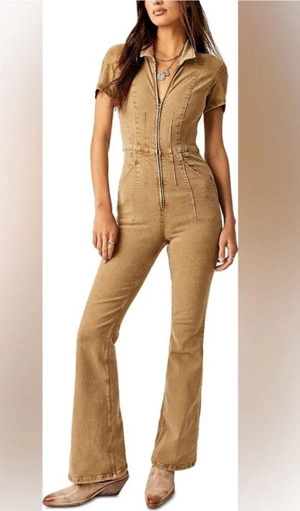 NEW Free People We The Free Jayde Flare Jumpsuit Pier 17 khaki Size Large - Image 7