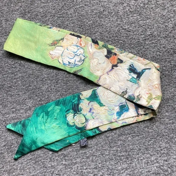 Summer Retro Hair Tied Oil Painting Long Silk Scarf Band Braided Chiffon new - Image 4