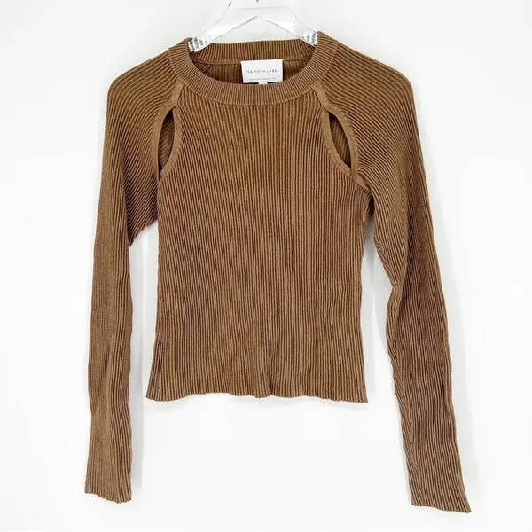 The Fifth Label Women's Ribbed Knit Cut Out Sweater Size XS Tan Model‎ Off Duty - Image 2