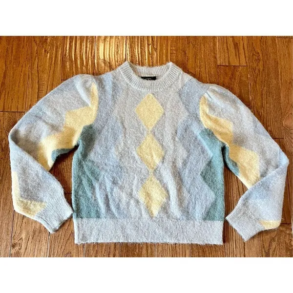 J. Crew blue and yellow argyle alpaca wool crewneck sweater - Image 9