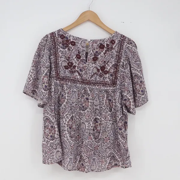 Lucky Brand Blouse Womens M Boho Paisley Purple Embroidered Flutter Excellent - Image 6