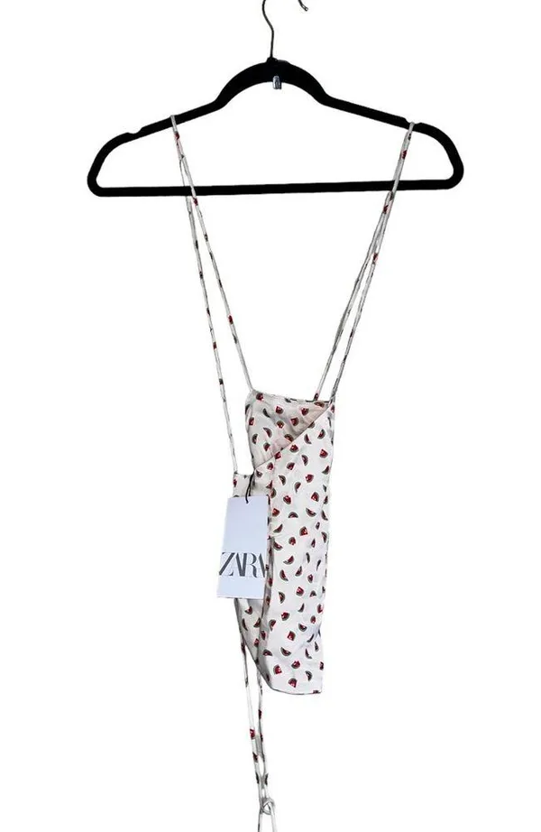 NWT ZARA SATIN EFFECT CROP TOP Bloggers Fav Watermelon Print Tie Back - Image 11