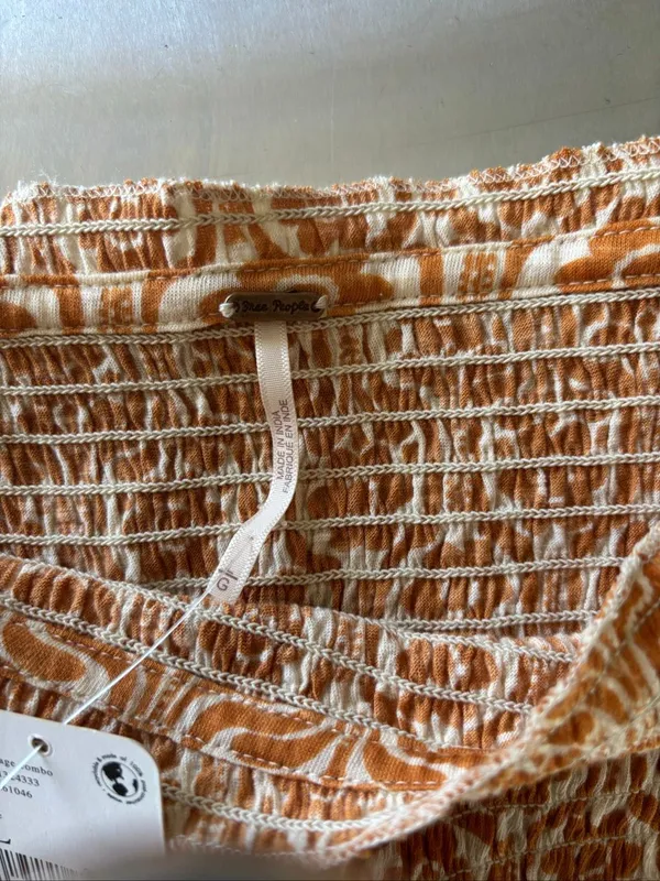 Free People In The Groove Smocked Strapless Tube Top Boho Ivory Orange L NWT - Image 3