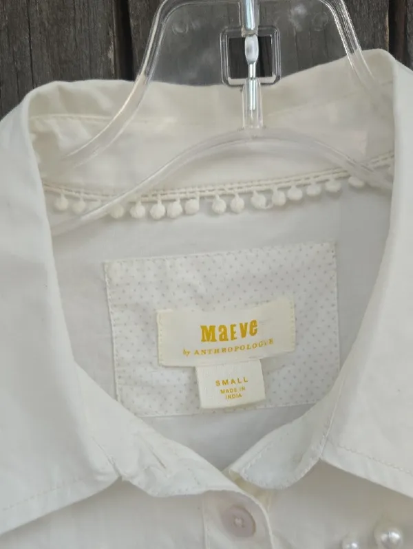 Maeve Embellished White Button-Up Shirt - Elegant Pearl Detail Size S - Image 3