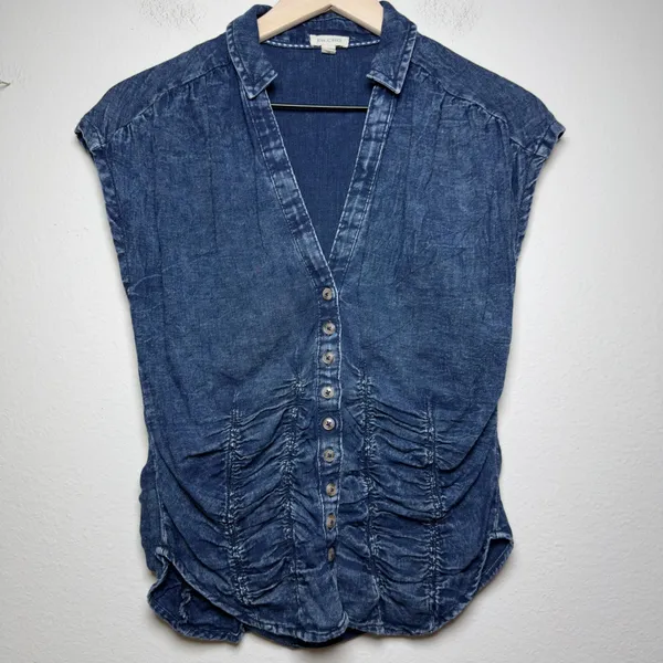 Anthropologie Pilcro Women Cotton Denim Top XS Blue Ruched Button Western Boho - Image 3
