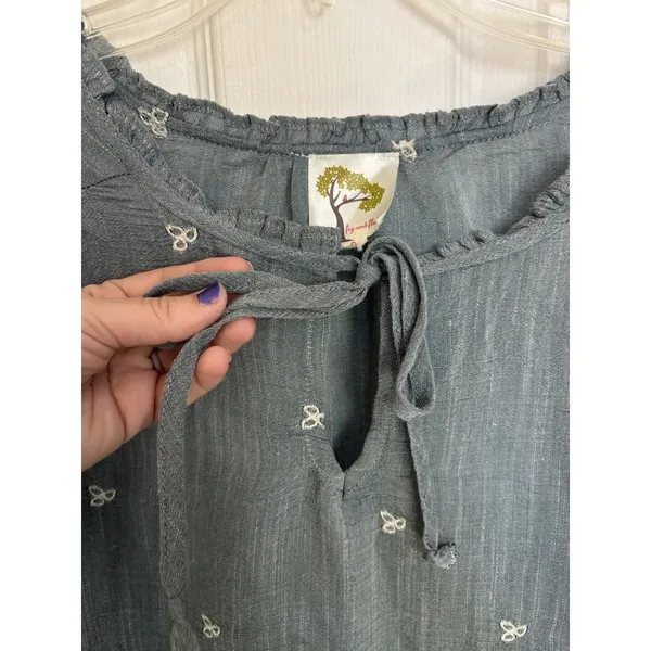 Anthropologie Fig & Flower Blue Embroidered Peasant Top Tiered Bell Sleeve L - Image 8