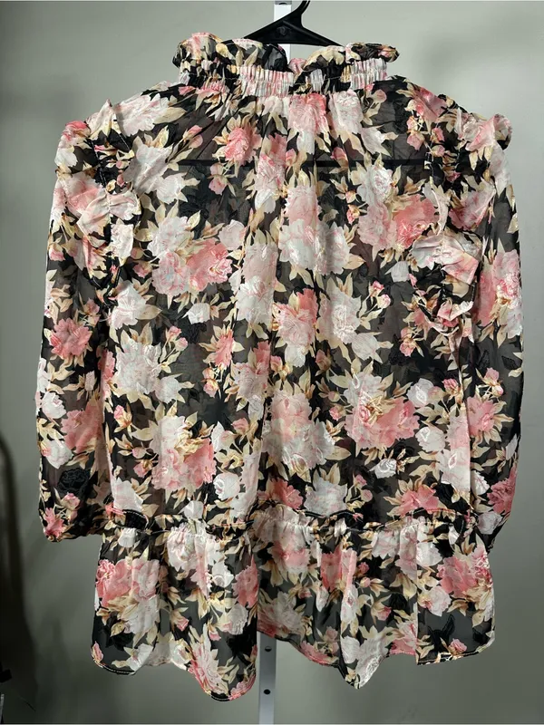 N99 Miley and Molly- Floral Ruffle Blouse in Pink and Cream on Black - Image 3