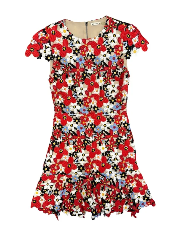 Alice + Olivia Imani Red Fit Flare Guipure Lace Overlay Floral Mini Dress Red 2 - Image 6