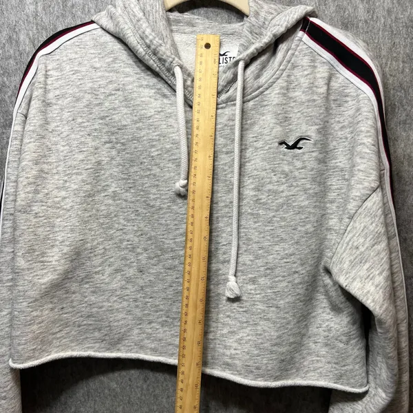 Hollister Crop Hoodie‎ Sweatshirt Striped Sleeve Raw Hem Gray Medium - Image 9