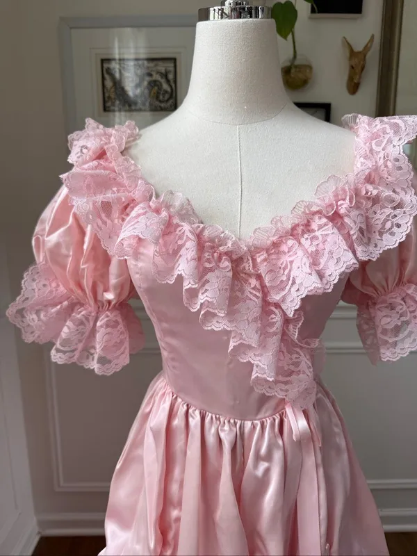 Vintage 80s Loralie Pink Southern Belle Bo Peep Prom Dress Gown XS - Image 3