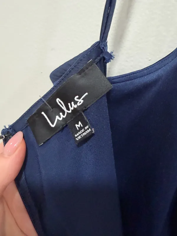 Lulus Navy Satin Jumpsuit Spaghetti Strap Wide Leg Elegant Evening Size medium - Image 7