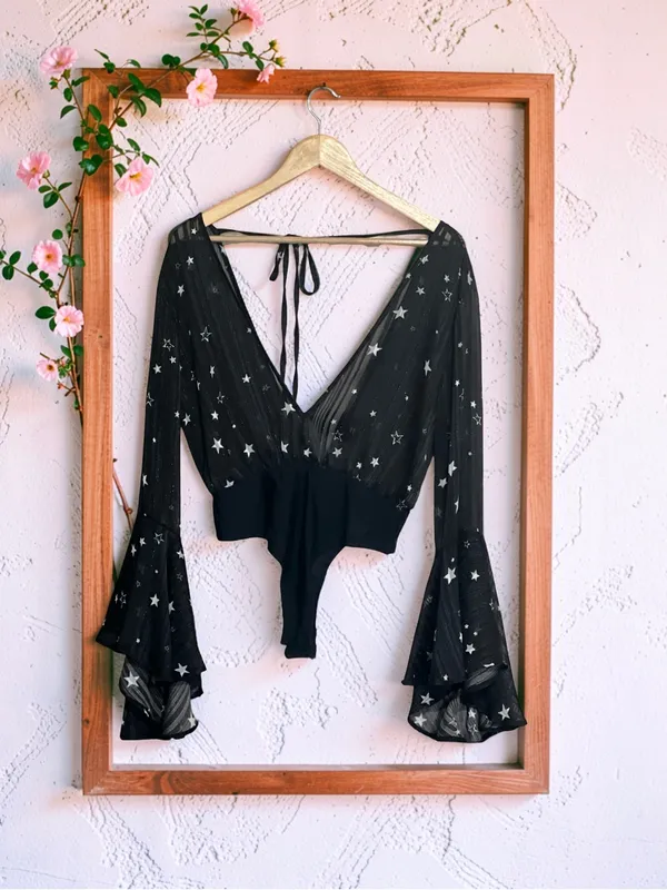 Nasty Gal Black Star Print Sheer Bell Sleeve Bodysuit Size 6 - Image 2