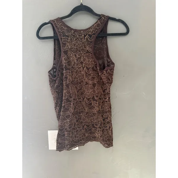 BKE Y2k Brown Gold Metallic‎ Floral Lace Racerback Tank Top Sheer Sleeveless - Image 3