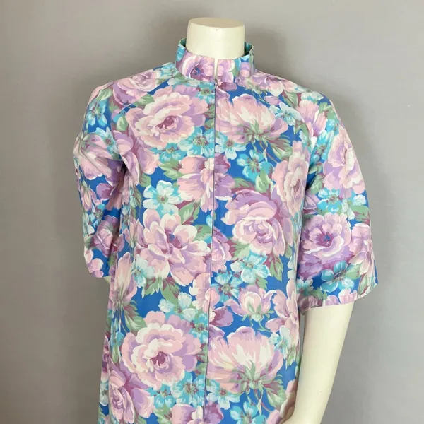 Vintage Handmade Housedress Floral Dress Purple Blue‎ Zip-Front Stand-Up Collar - Image 4