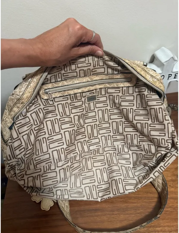 Guess Beige/Tan Textured Shoulder Bag with Metal Plaque - Image 9
