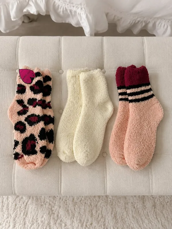 Betsey Johnson Fuzzy Socks 3-Pair Set Leopard Stripe Pink Cream NWT - Image 2
