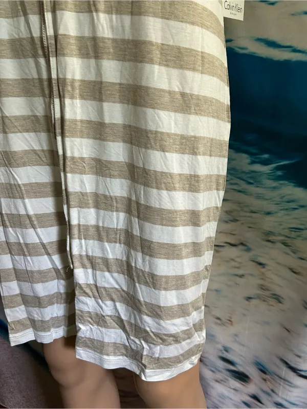 Calvin Klein Beige & White Striped Knit Dress with Mesh Yoke SZ 8 NWT - Image 4