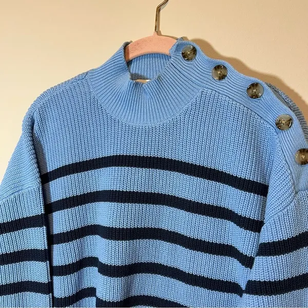 Loft Women’s Blue and‎ Navy Striped Mock Neck Button Sweater XLP - Image 2