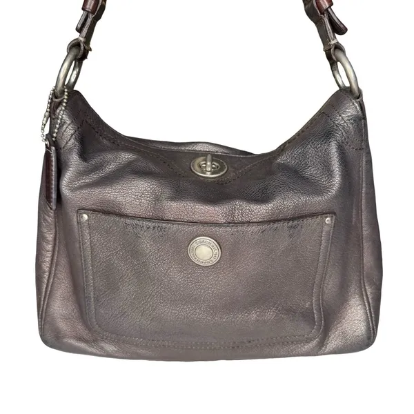 Vintage Coach Metallic Leather Hobo Bag Silver Chain Strap Turn Lock‎ Y2K Purse - Image 2