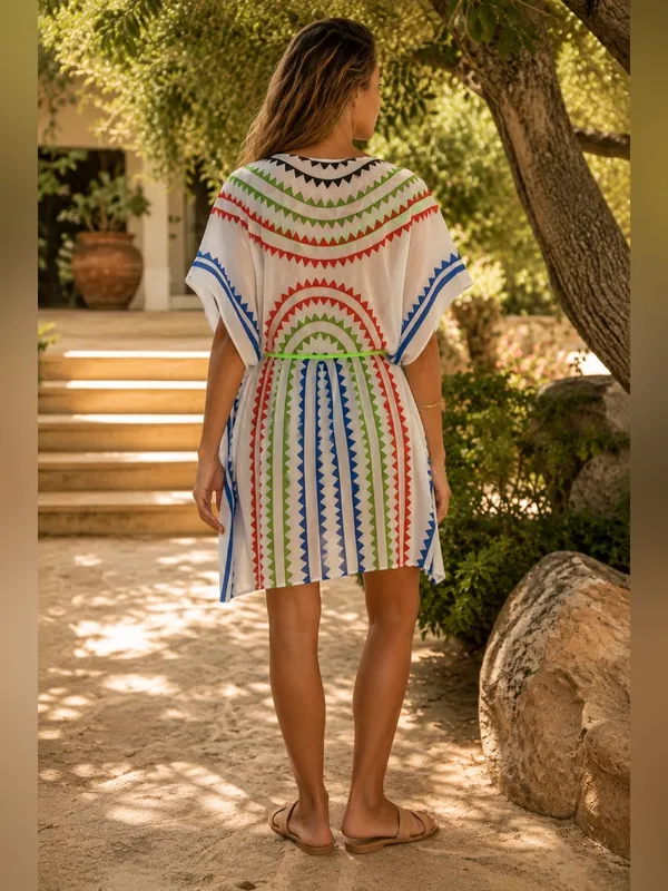 Jealous Tomato Multicolor Chevron Kaftan Cover Up Tassel Tie L Resortwear - Image 2