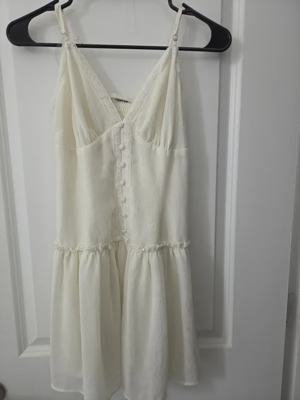 White Lace Trim V-Neck Mini Dress | Button Front Ruffle Hem - Image 2