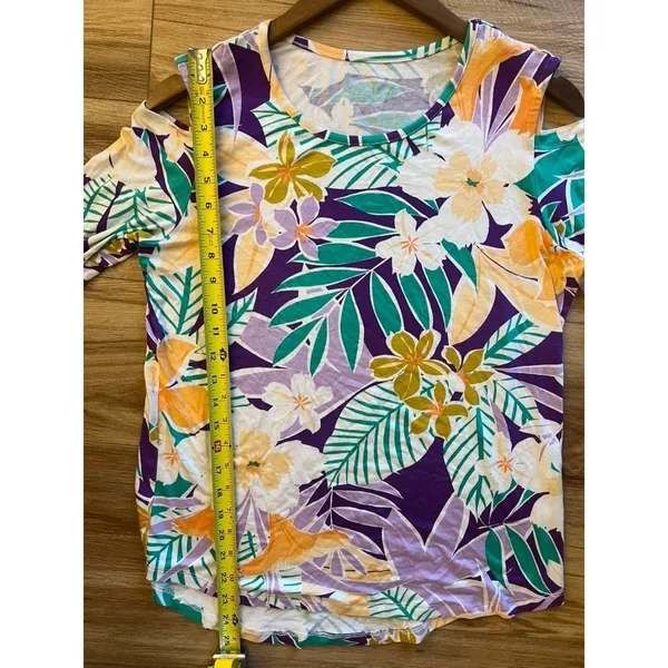 Palm Grove Wm M Cold Shoulder Tropical Floral Top Purple Green 3/4 Sleeve Resort - Image 8