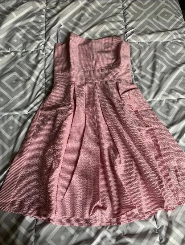 Lauren James Red Corbin Bow Seersucker Strapless Dress - Image 3