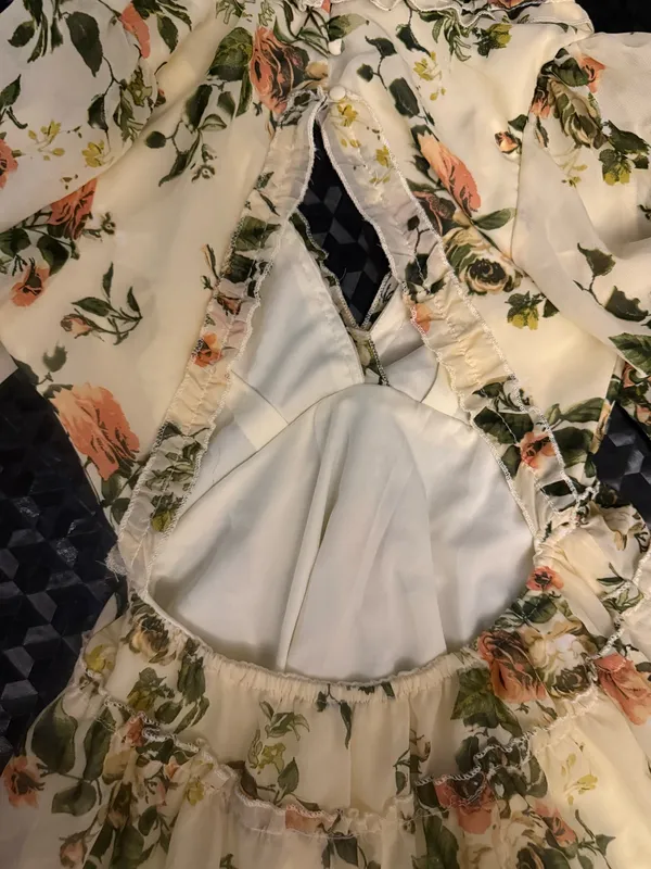 Justify Cream Floral Tiered Ling Sleeve Ruffle Dress - Image 6