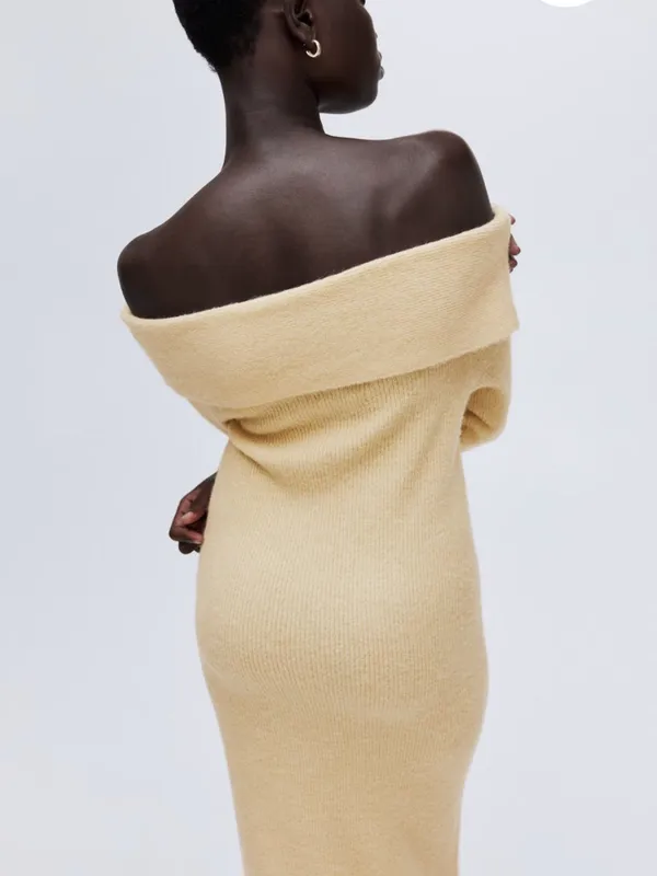 H&M | Fine Knit Off-Shoulder Twist Knit MIDI Dress in Pale Yellow XS - Image 3
