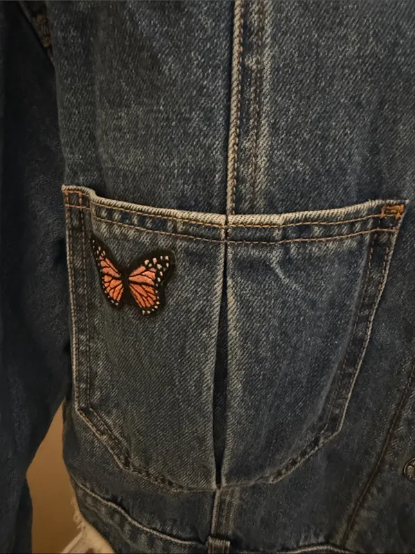 Forever 21 Blue Denim Sherpa Collar Jacket with Butterfly Patches - Image 8