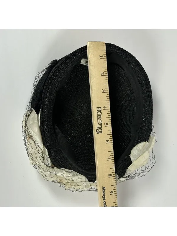 Vintage Union Made Black Pillbox Hat with Cream Floral Accents and Veil - Image 8