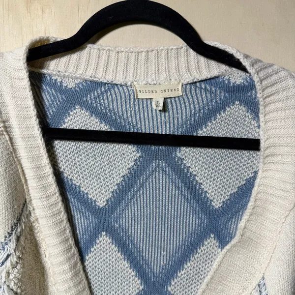 Gilded Intent Cardigan‎ Sweater L Blue Cream Chunky Knit Open Front - Image 2